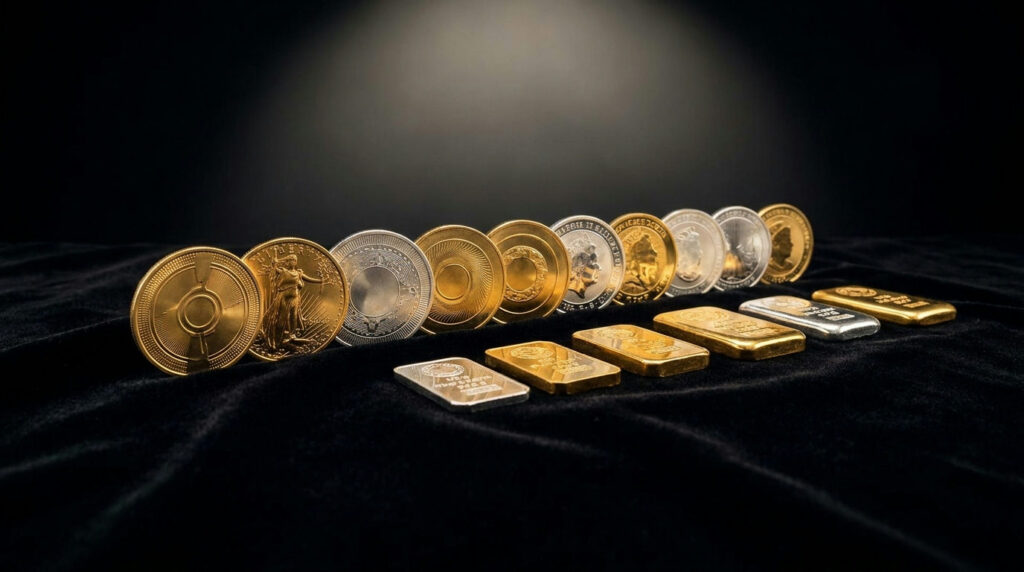 Bullion coins vs bars: gold and silver coins beside small bullion bars on black velvet