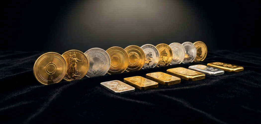 Bullion coins vs bars: gold and silver coins beside small bullion bars on black velvet