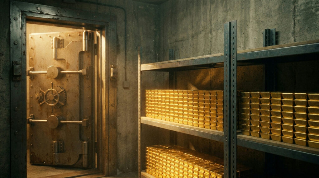 Central bank gold buying: rows of gold bars stacked in a vault