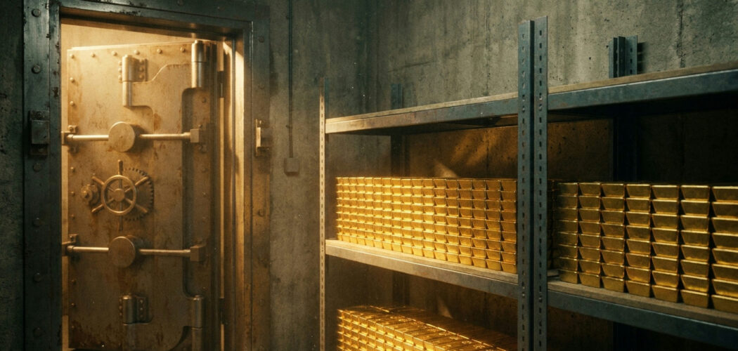 Central bank gold buying: rows of gold bars stacked in a vault