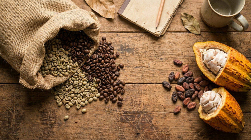 Coffee and cocoa futures: coffee beans spilling from a sack beside an open cocoa pod
