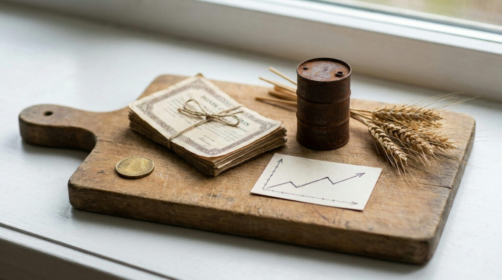 Commodities in a diversified portfolio: gold coin, bonds, oil barrel, wheat and a stock chart card