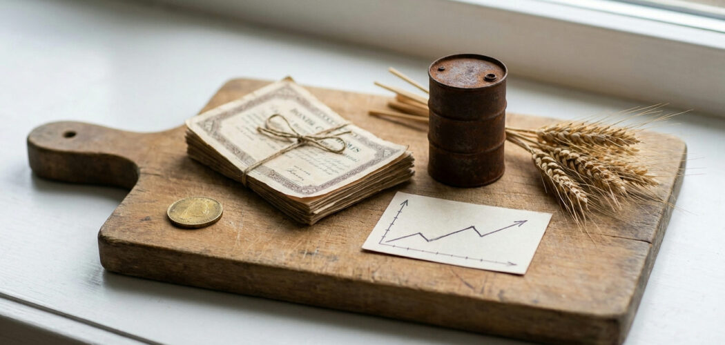 Commodities in a diversified portfolio: gold coin, bonds, oil barrel, wheat and a stock chart card