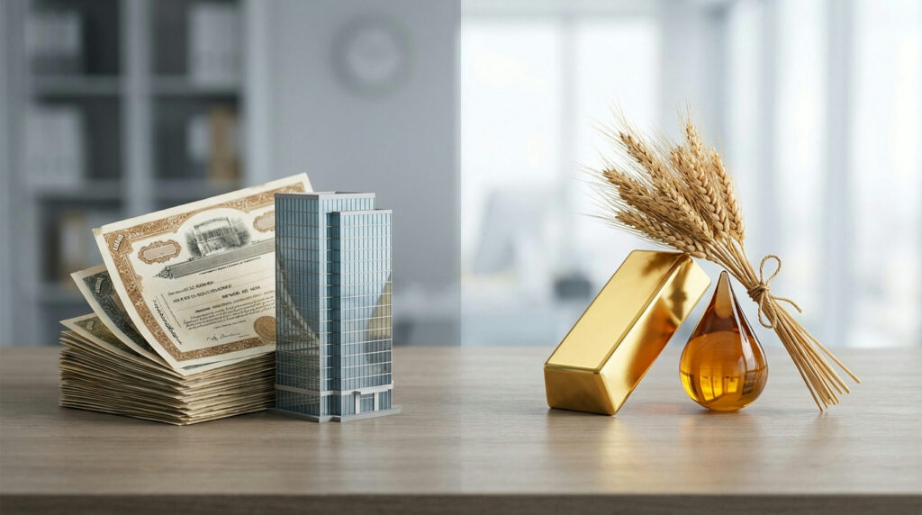 Commodities vs stocks: stock certificates and office model beside gold, oil and wheat