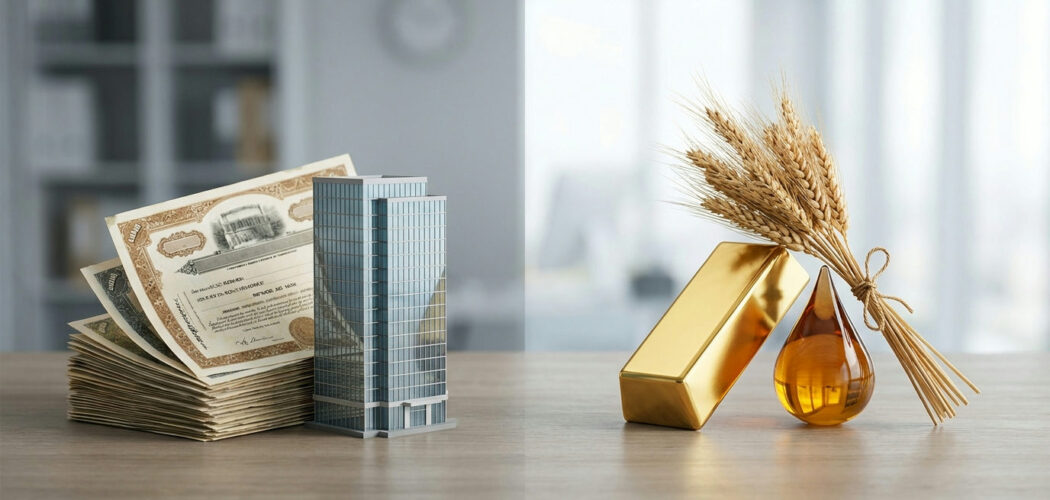 Commodities vs stocks: stock certificates and office model beside gold, oil and wheat