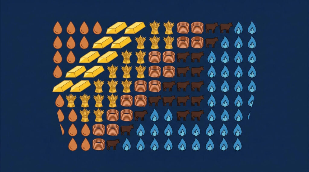 Commodity index funds: grid of commodity icons arranged as a basket