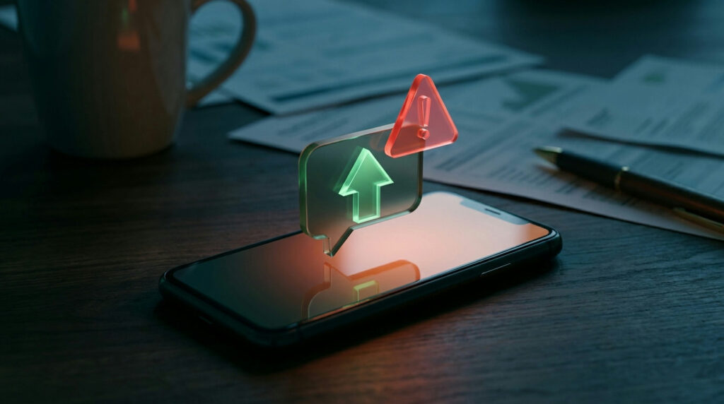 Commodity investment scams: smartphone with a too-good-to-be-true chart and a warning icon