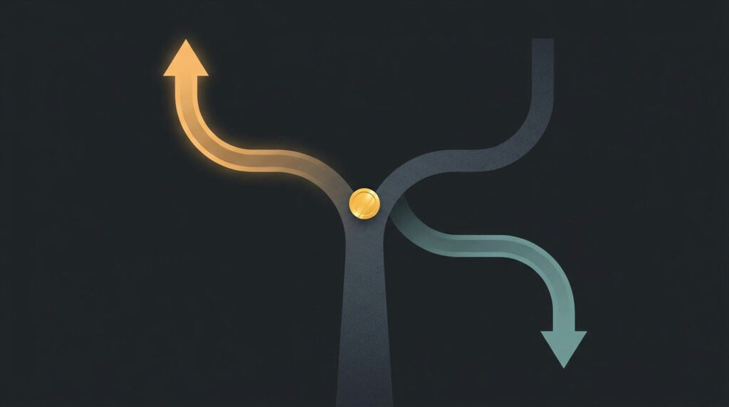 Commodity options: a forked path splitting up and down with a gold coin at the fork