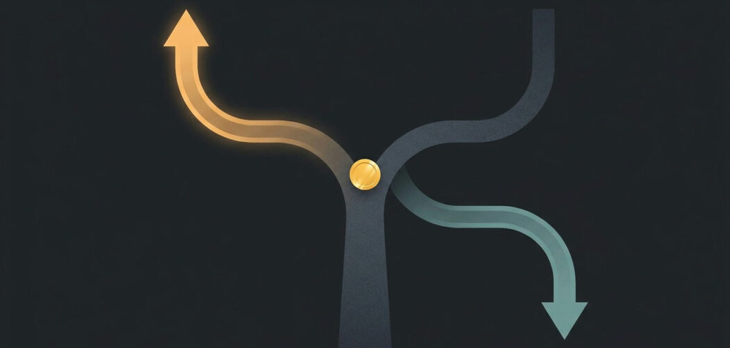 Commodity options: a forked path splitting up and down with a gold coin at the fork