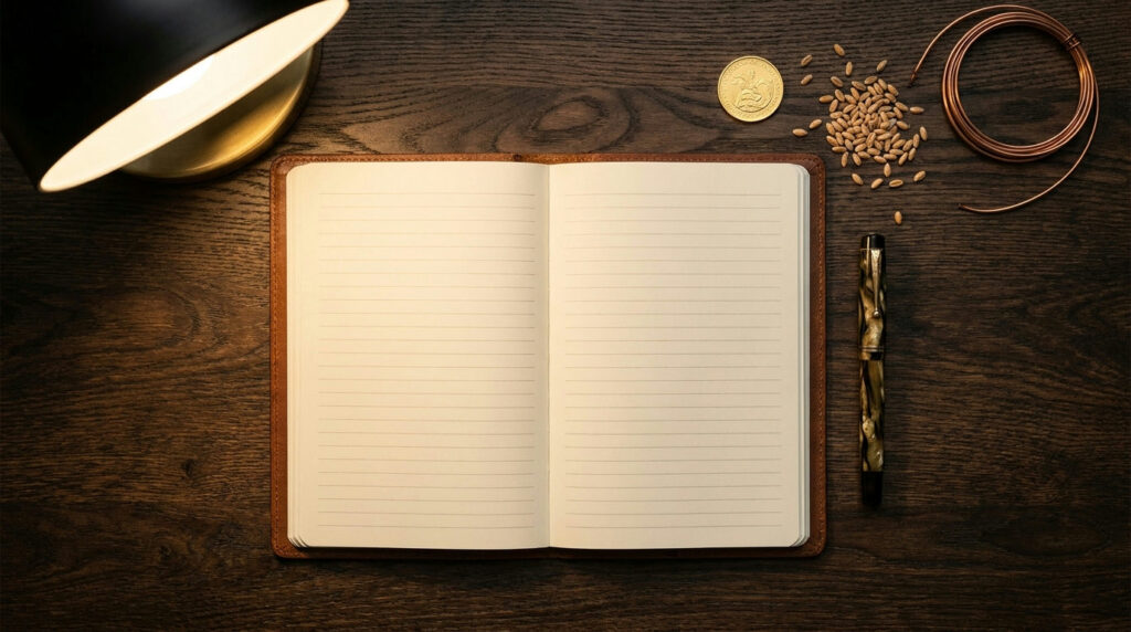 Commodity trading glossary: open notebook with a pen, gold coin, wheat grains and copper wire