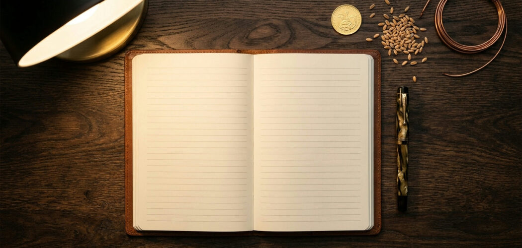 Commodity trading glossary: open notebook with a pen, gold coin, wheat grains and copper wire