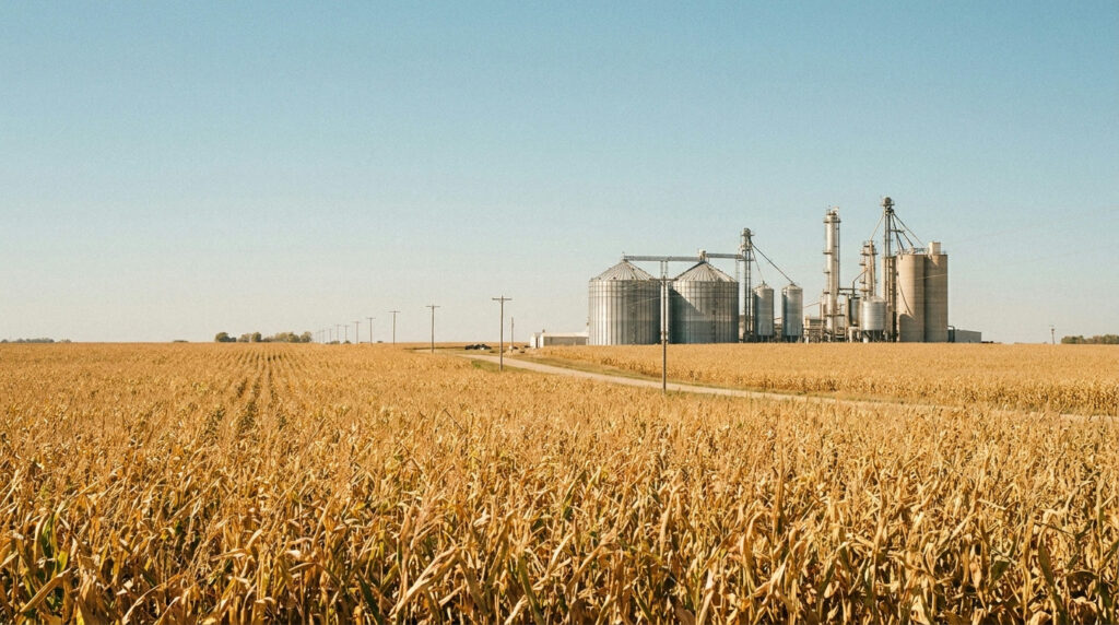 Corn and ethanol: cornfield with an ethanol plant on the horizon