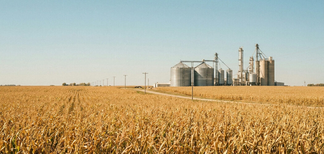 Corn and ethanol: cornfield with an ethanol plant on the horizon