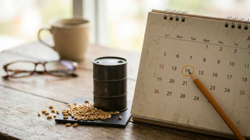 First notice day: desk calendar with a circled date beside an oil barrel and wheat
