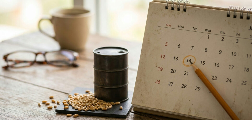 First notice day: desk calendar with a circled date beside an oil barrel and wheat