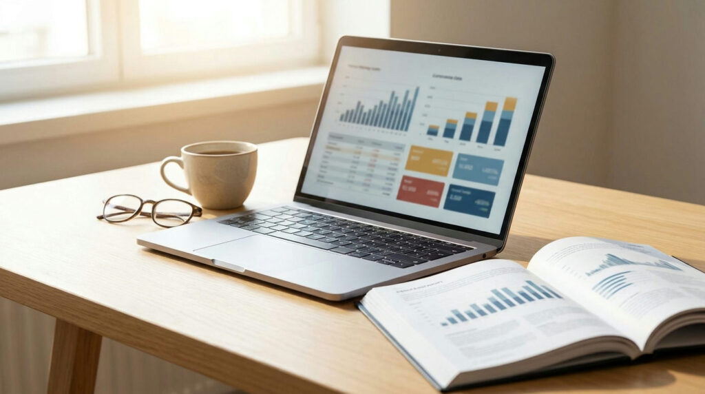 Free commodity data sources: laptop showing charts and data tables beside a printed report