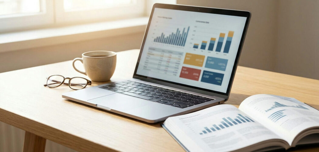 Free commodity data sources: laptop showing charts and data tables beside a printed report