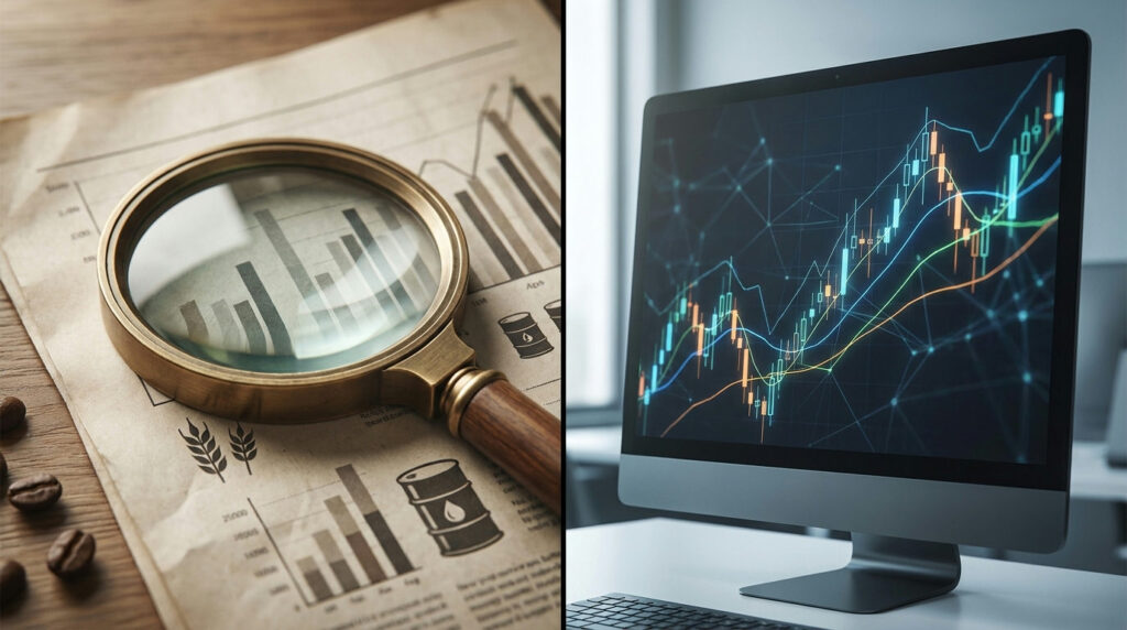Fundamental vs technical analysis: crop report with magnifying glass beside a candlestick chart