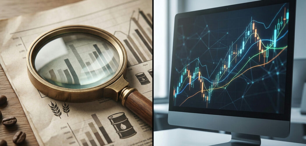 Fundamental vs technical analysis: crop report with magnifying glass beside a candlestick chart