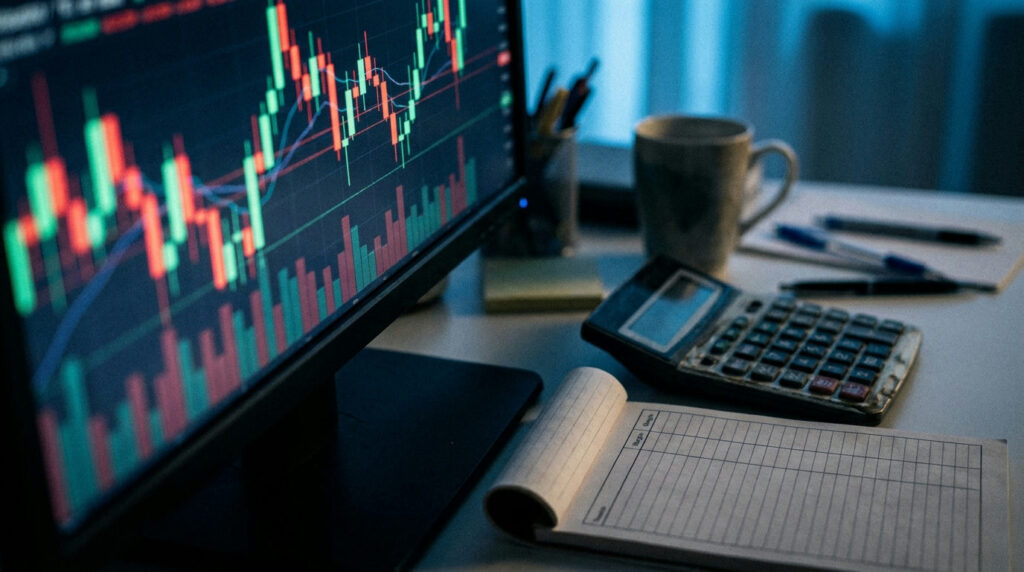 Futures margin explained: trader's desk with a candlestick chart, calculator and margin notes