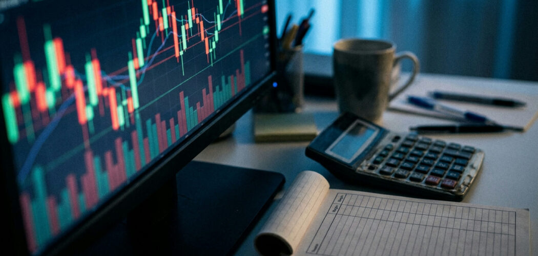 Futures margin explained: trader's desk with a candlestick chart, calculator and margin notes