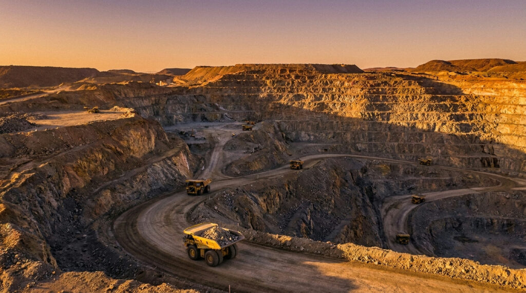 Gold mining stocks: open-pit gold mine with haul trucks at golden hour