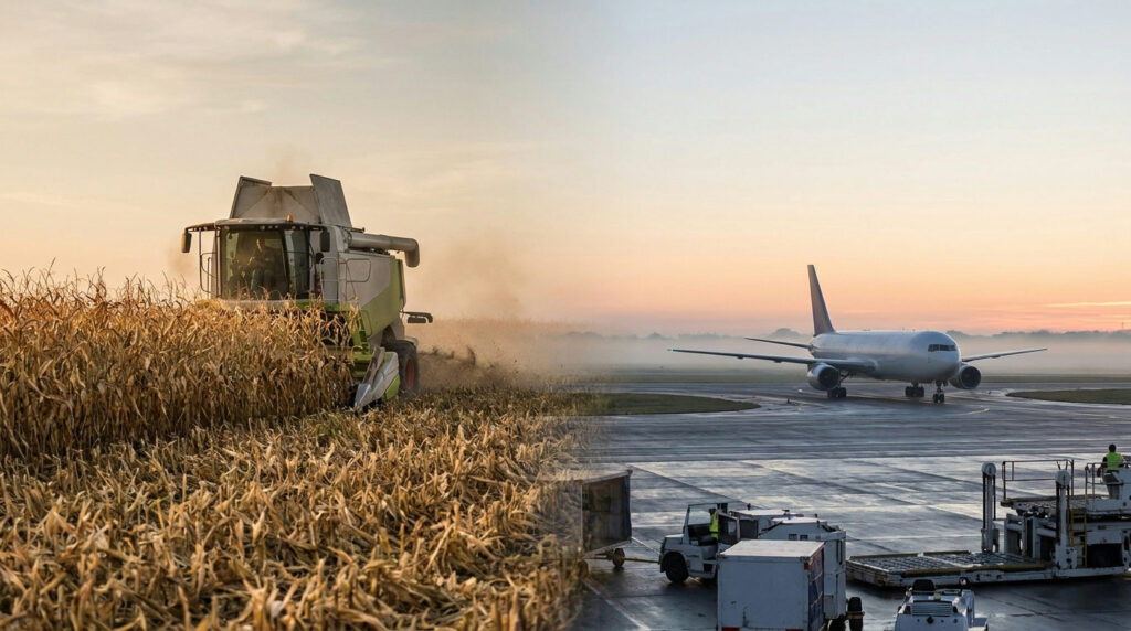 Hedging with commodity futures: a combine harvester in a cornfield and an airplane on a runway