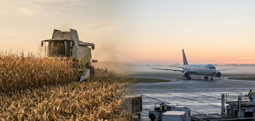 Hedging with commodity futures: a combine harvester in a cornfield and an airplane on a runway