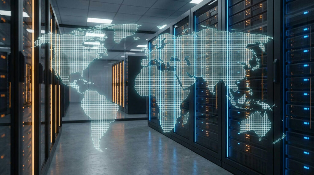 How commodity exchanges work: exchange data center servers over a world map grid