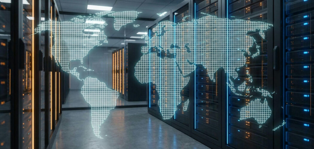 How commodity exchanges work: exchange data center servers over a world map grid