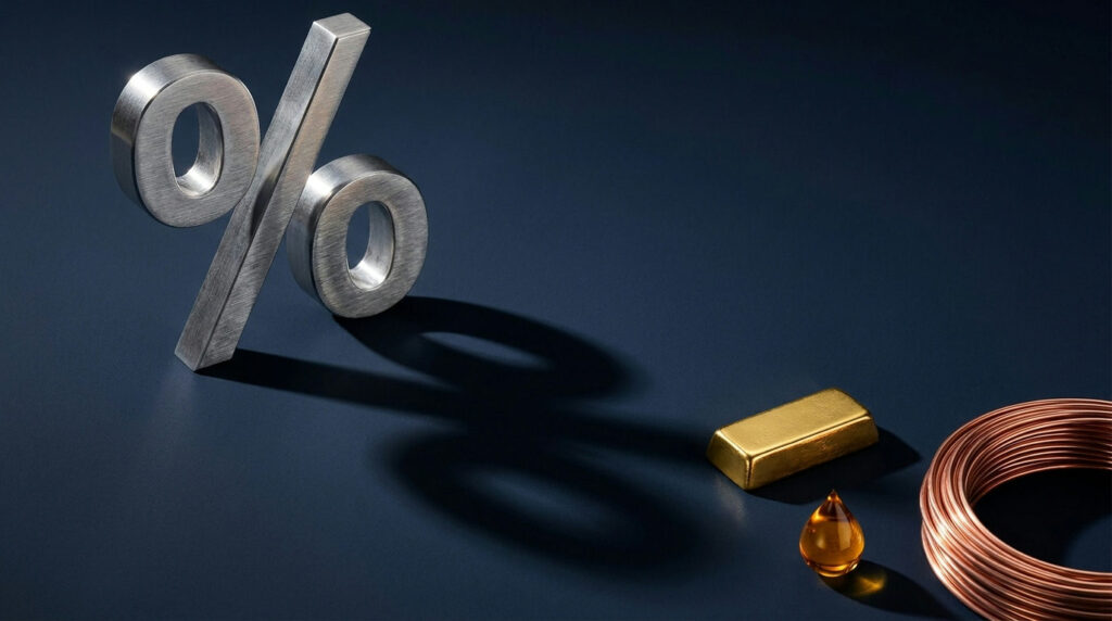 How interest rates affect commodity prices: percentage symbol casting a shadow over gold, oil and copper