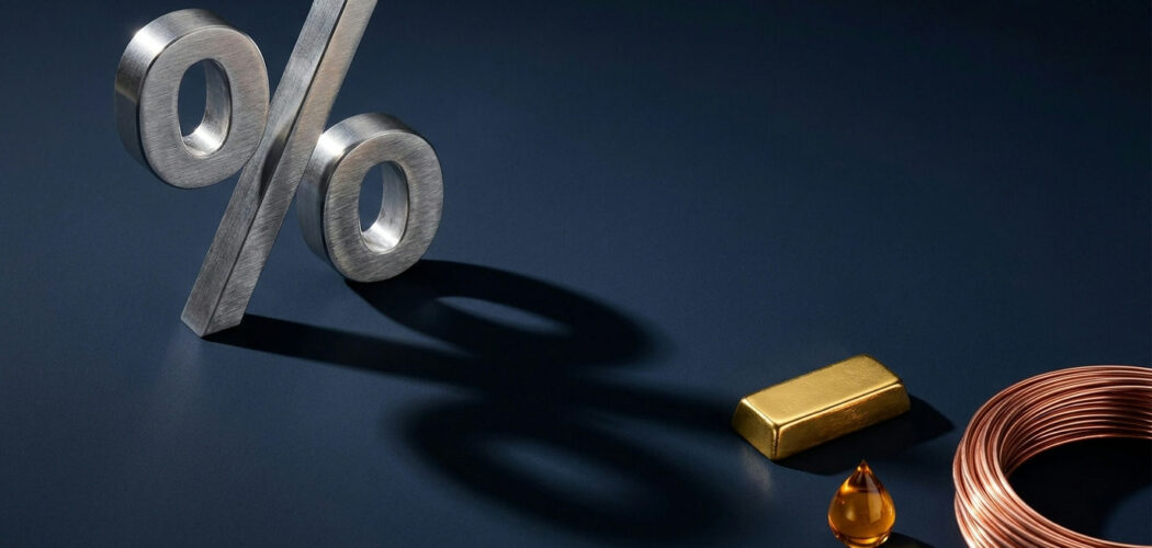 How interest rates affect commodity prices: percentage symbol casting a shadow over gold, oil and copper