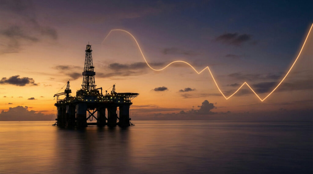 OPEC+ decisions: offshore oil platform at sunset with a faint price line overlay