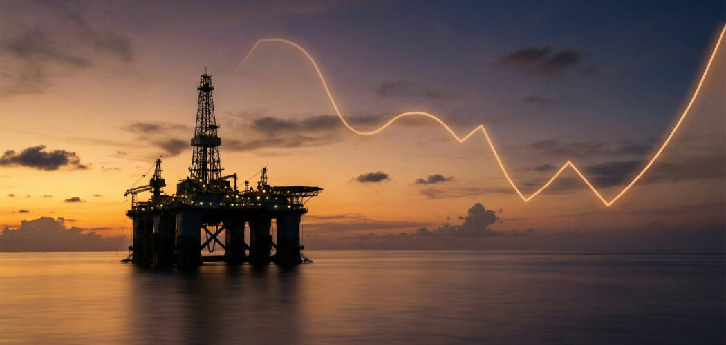 OPEC+ decisions: offshore oil platform at sunset with a faint price line overlay