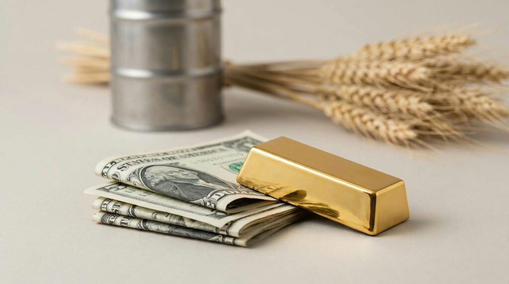 How the U.S. dollar affects commodity prices: dollar notes under a gold bar with oil and wheat behind