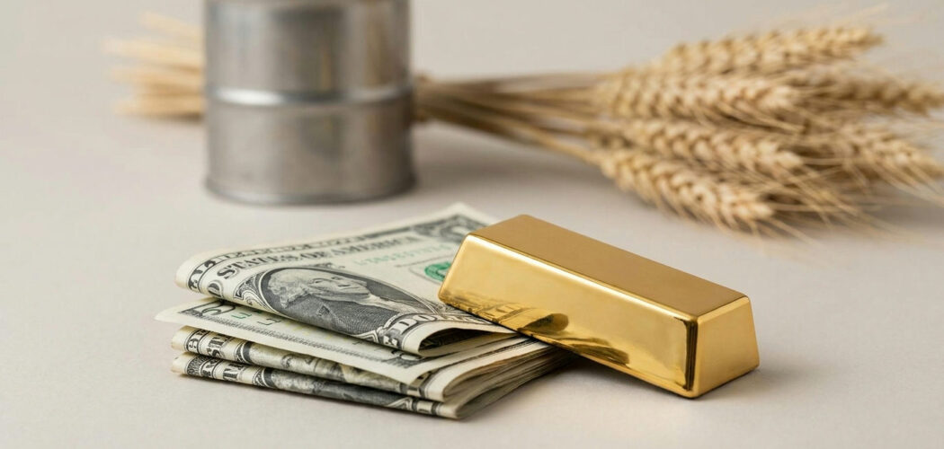 How the U.S. dollar affects commodity prices: dollar notes under a gold bar with oil and wheat behind