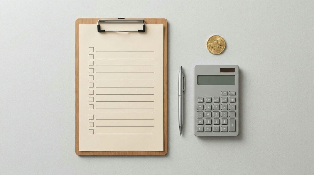 Commodity trading plan: clipboard checklist with pen, calculator and gold coin