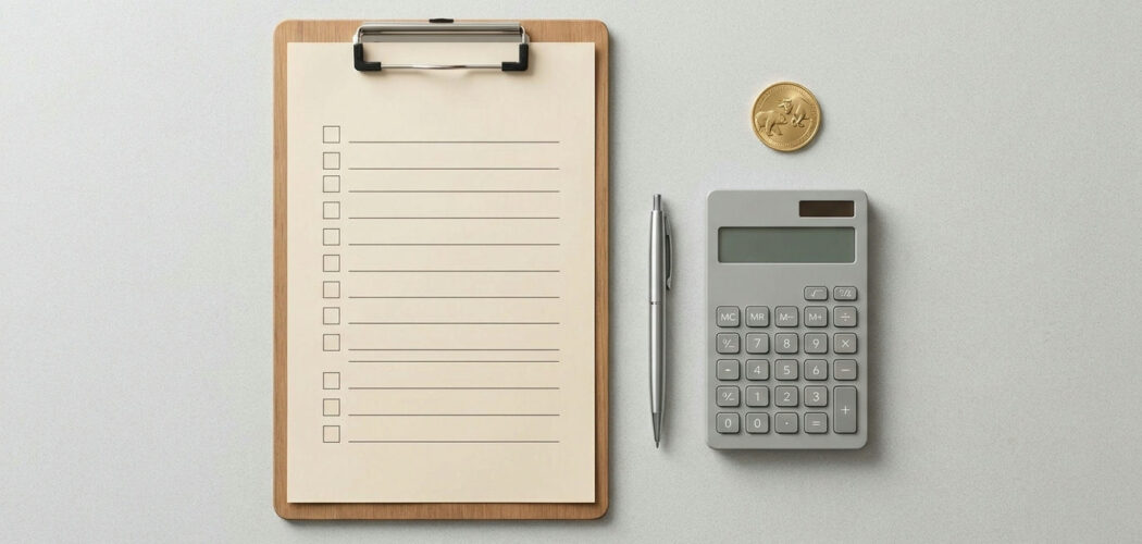 Commodity trading plan: clipboard checklist with pen, calculator and gold coin