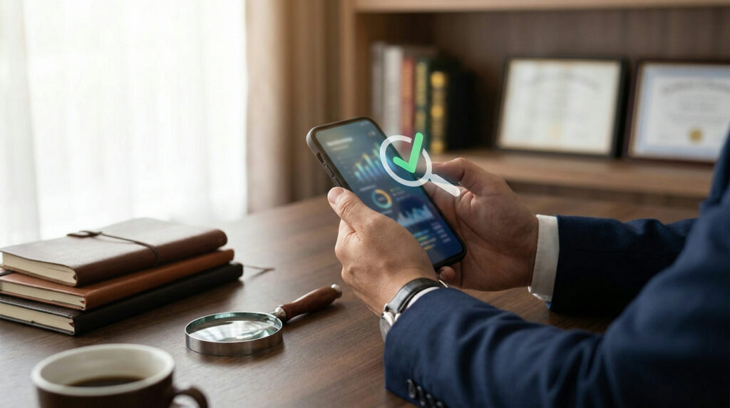 How to check a commodity broker: smartphone showing a verified checkmark beside a magnifying glass