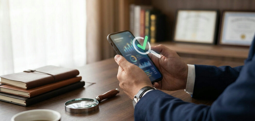 How to check a commodity broker: smartphone showing a verified checkmark beside a magnifying glass