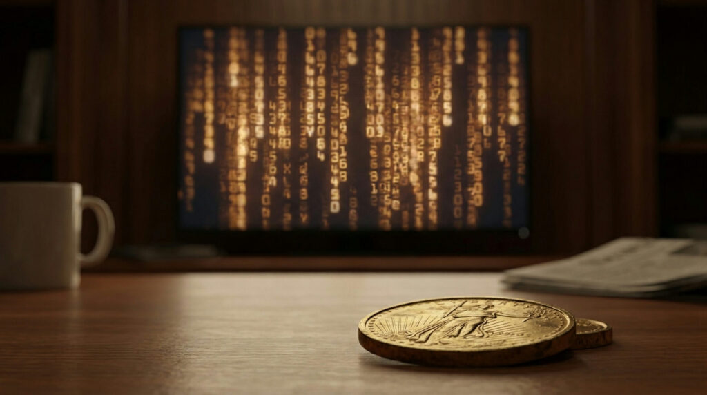 How to read a commodity futures quote: trading terminal screen with glowing quote rows and a gold coin