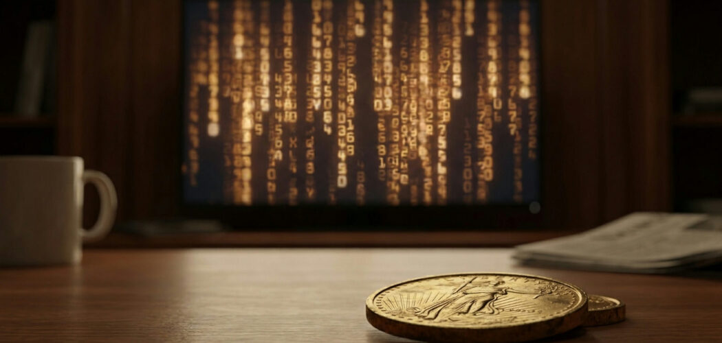 How to read a commodity futures quote: trading terminal screen with glowing quote rows and a gold coin
