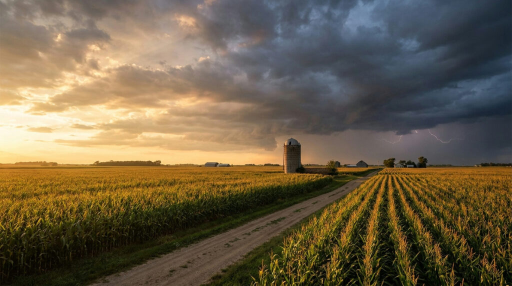 How weather affects crop prices: cornfield under a sky split between sun and storm clouds