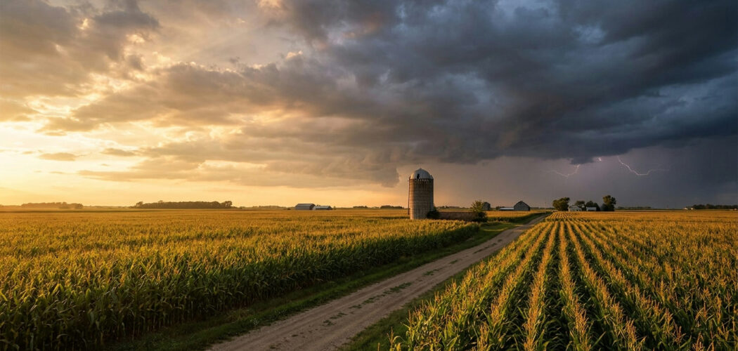 How weather affects crop prices: cornfield under a sky split between sun and storm clouds