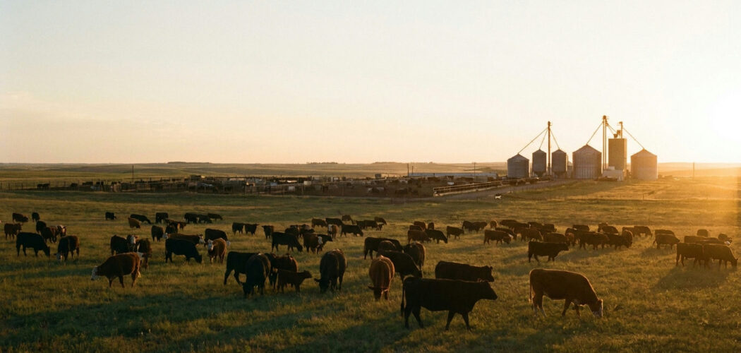 Livestock futures: cattle grazing on a prairie ranch with silos in the distance