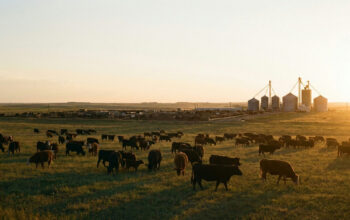 Livestock futures: cattle grazing on a prairie ranch with silos in the distance