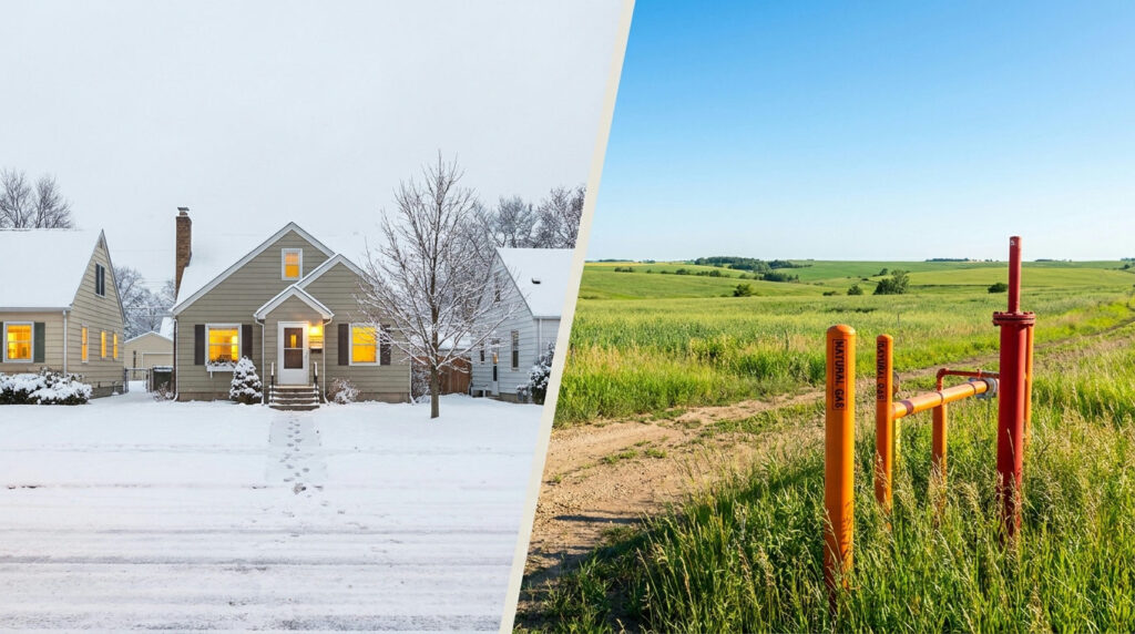 Natural gas seasonality: snowy winter homes beside a sunny summer field with pipeline markers