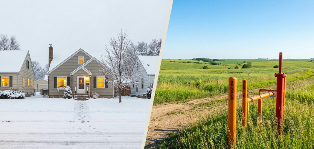 Natural gas seasonality: snowy winter homes beside a sunny summer field with pipeline markers
