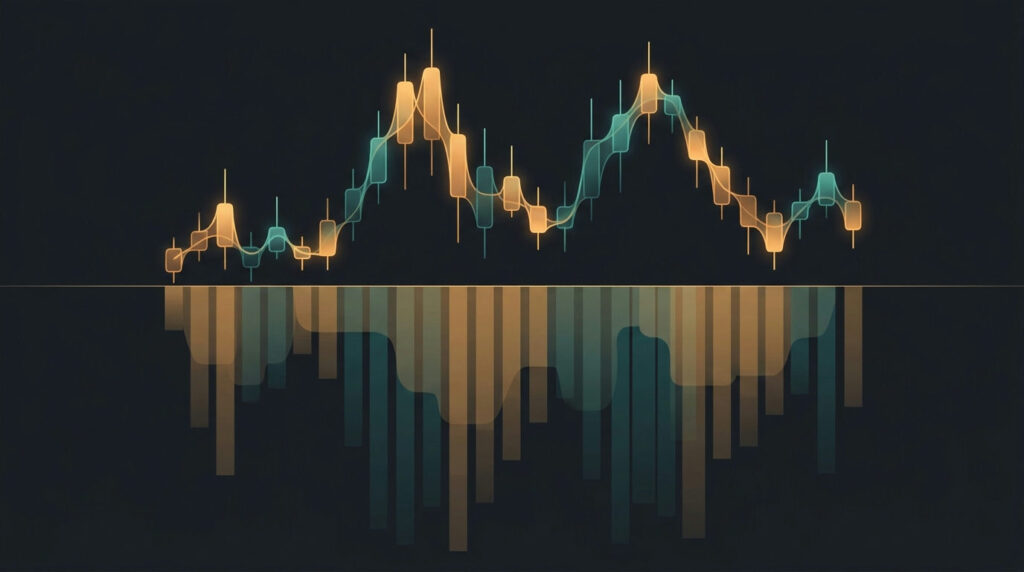 Open interest and volume: candlestick chart with volume bars below