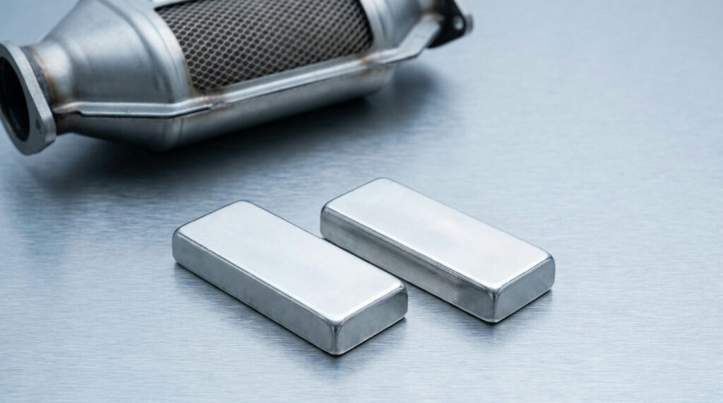 Platinum vs palladium: two silvery-white metal bars with a catalytic converter behind
